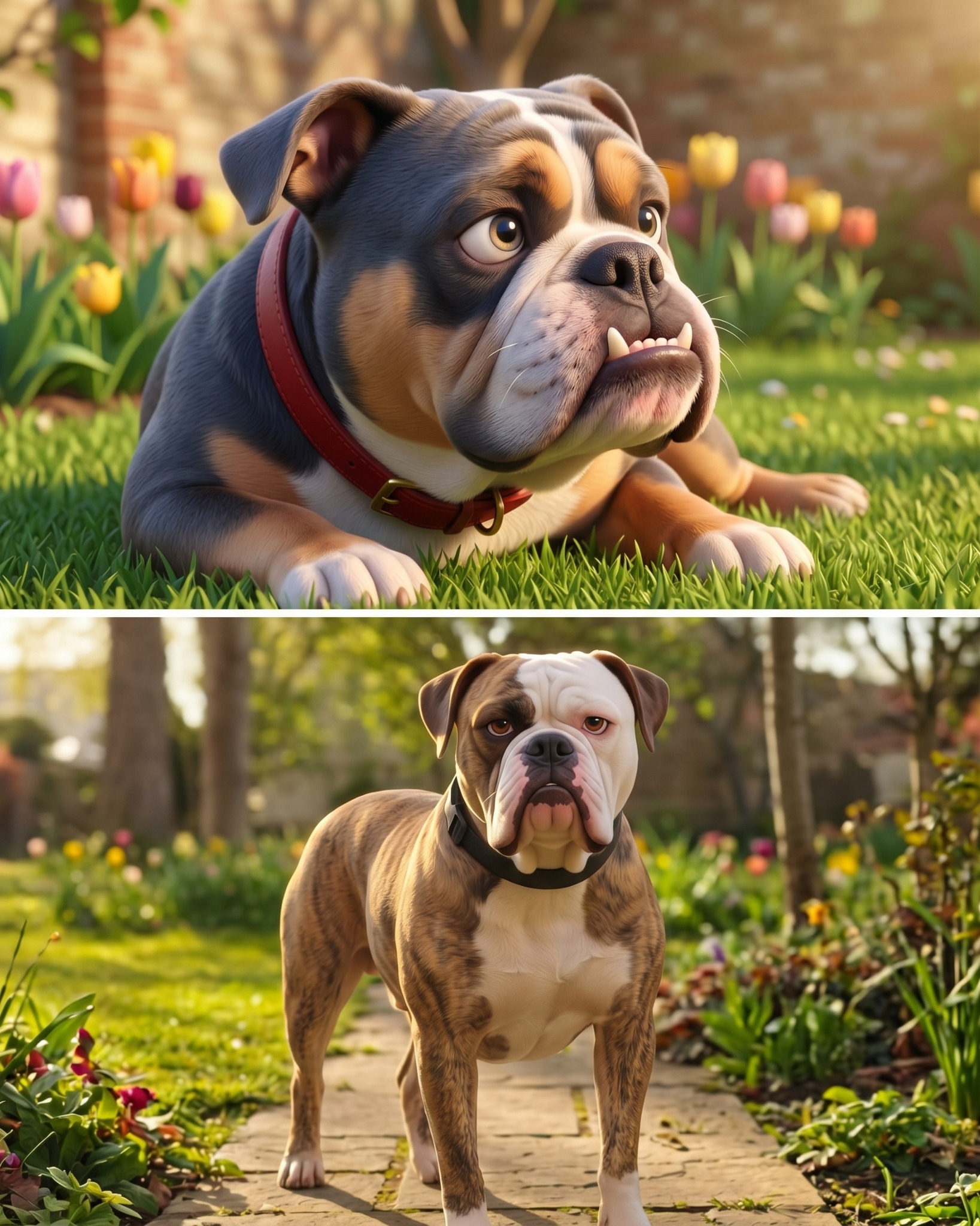 Deux portraits de bulldogs dans un jardin : l’un couché dans l’herbe, l’autre debout sur une allée.